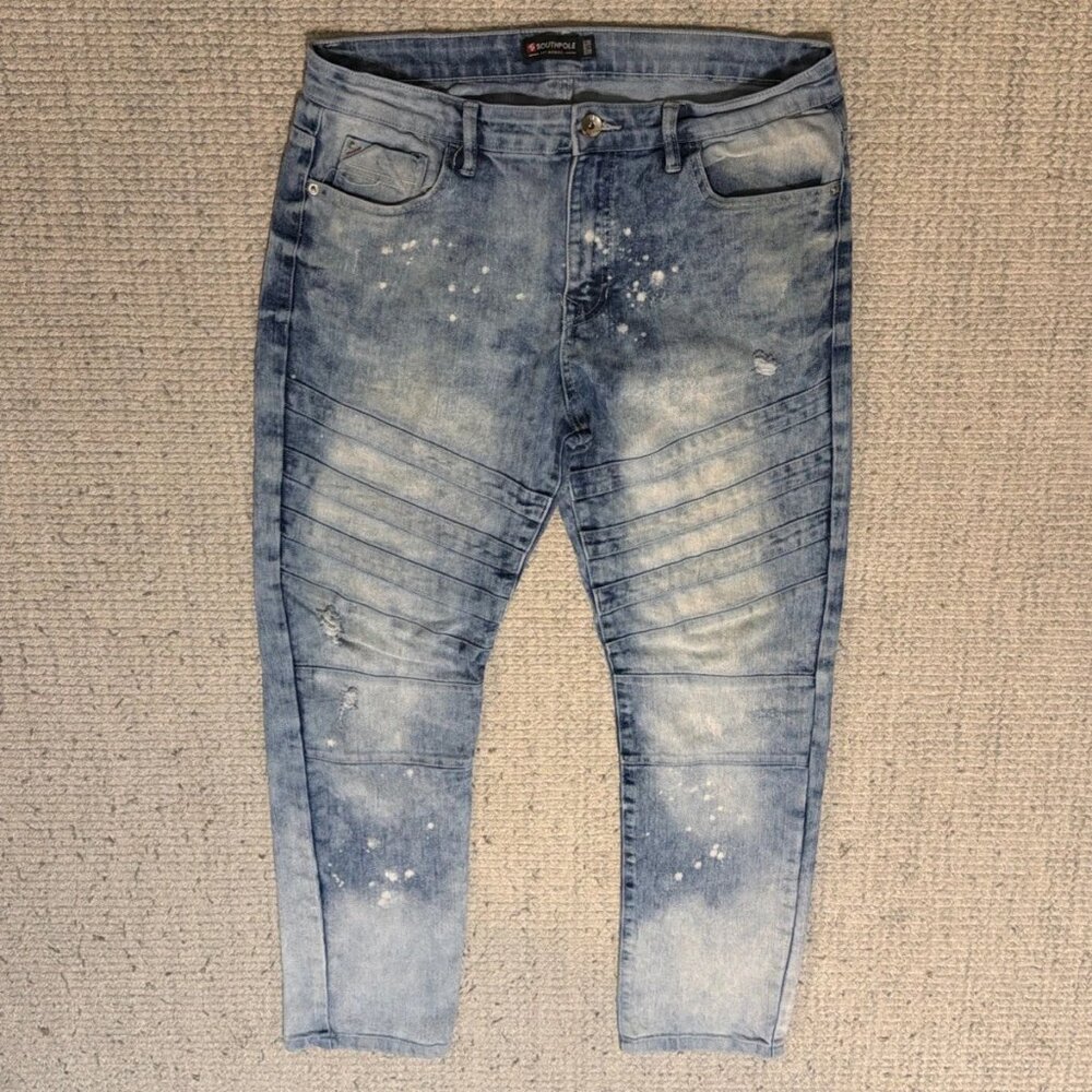 Southpole Men's Skinny Flex Distressed Spatter Jeans Size 36W x 30L Biker Street